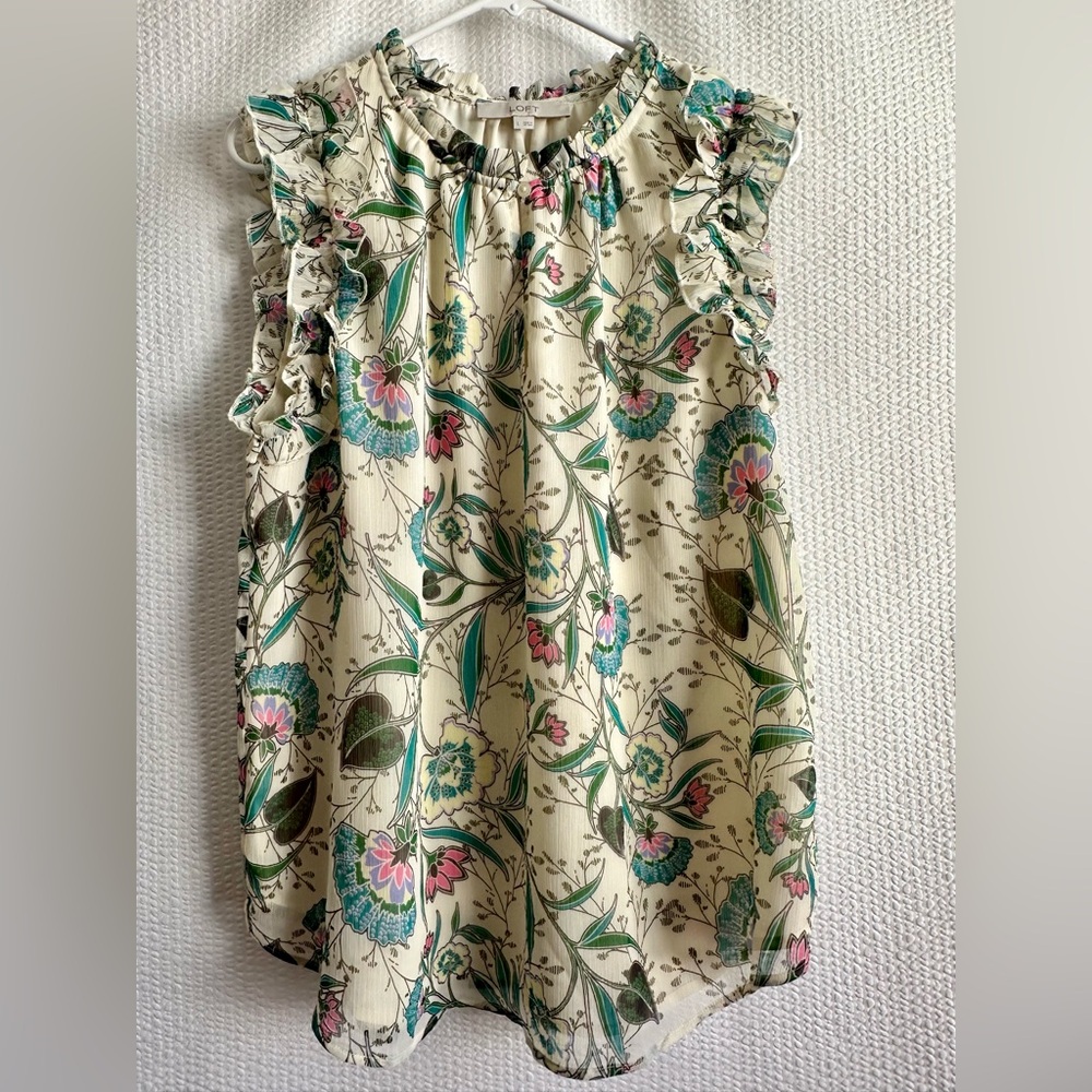 LOFT Cream Floral Ruffle Sleeveless Blouse